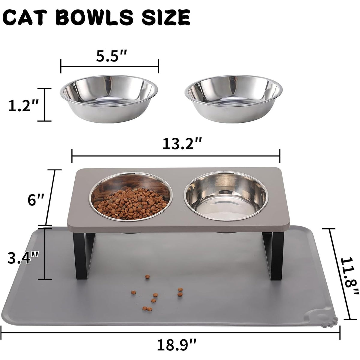BRAND NEW ~ Gray Elevated Stainless Steel Cat Dog Bowls Dishes & Food Water Mat