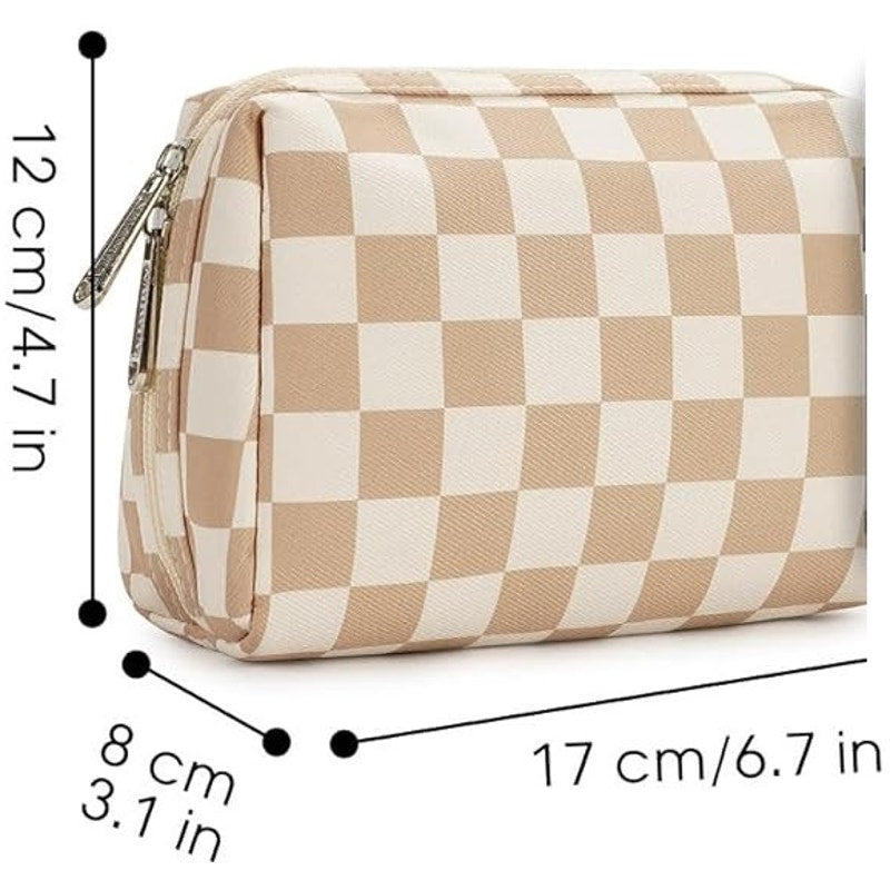 BRAND NEW ~ Narwey Tan Checkered Makeup Cosmetic Bag Compartments & Zipper