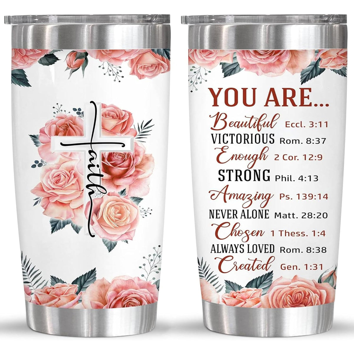 BRAND NEW ~ Christian Faith Pink Flowers & Cross 20 oz. Insulated Hot & Cold Travel Tumbler Cup