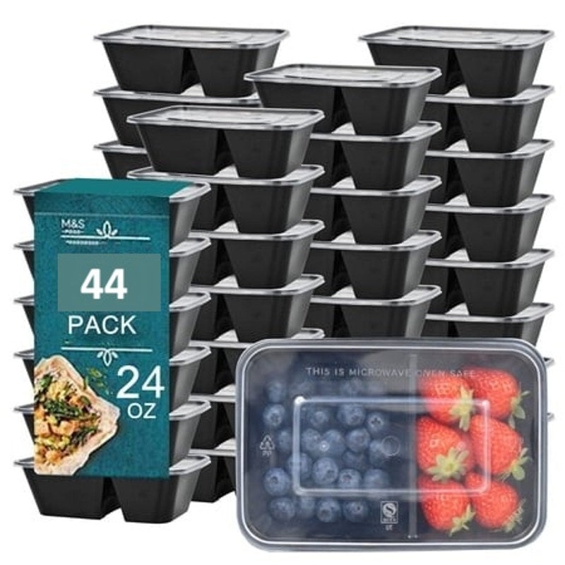 BRAND NEW ~ Set/44 ~ 2 Compartment 24oz Meal Prep Lunch Containers Food Storage