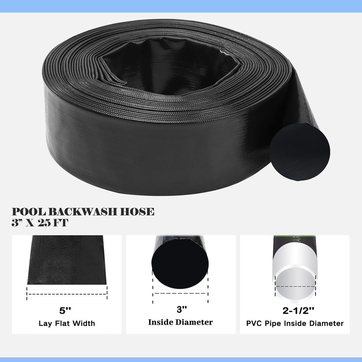 BRAND NEW ~ Swimming Pool 3'' x 25 FT Heavy Duty Backwash Hose & 2 Hose Clamps