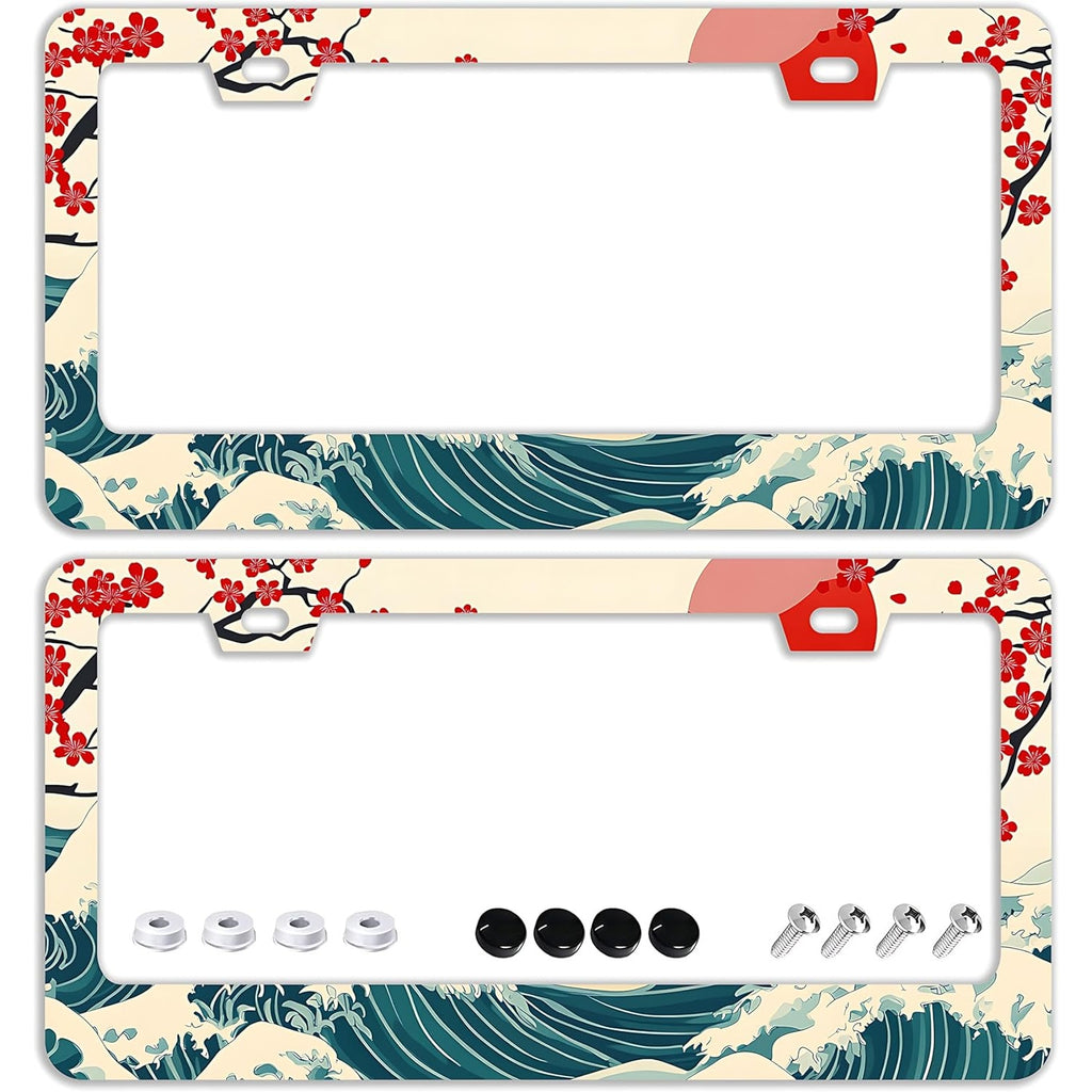 BRAND NEW ~ Set/2 Waves Cherry Blossom Stainless Steel License Plate Frames