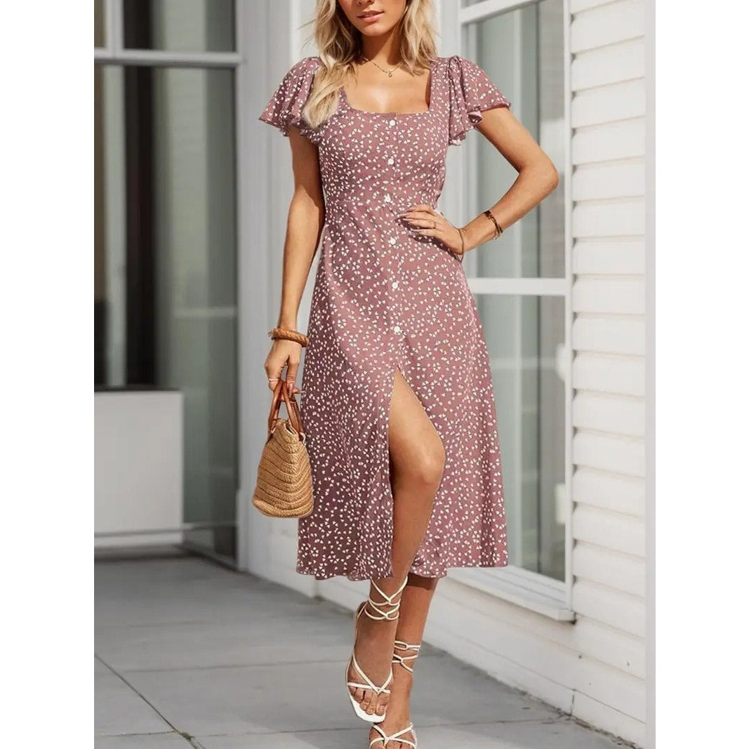 NWT ~ Rose Pink A-Line Midi Dress Button Front Short Flutter Sleeves ~ LARGE