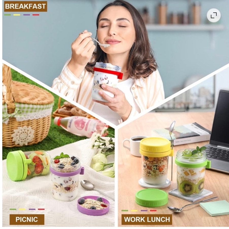 BRAND NEW ~ 16oz Overnight Oats Glass Containers with Colorful Lids and Spoons