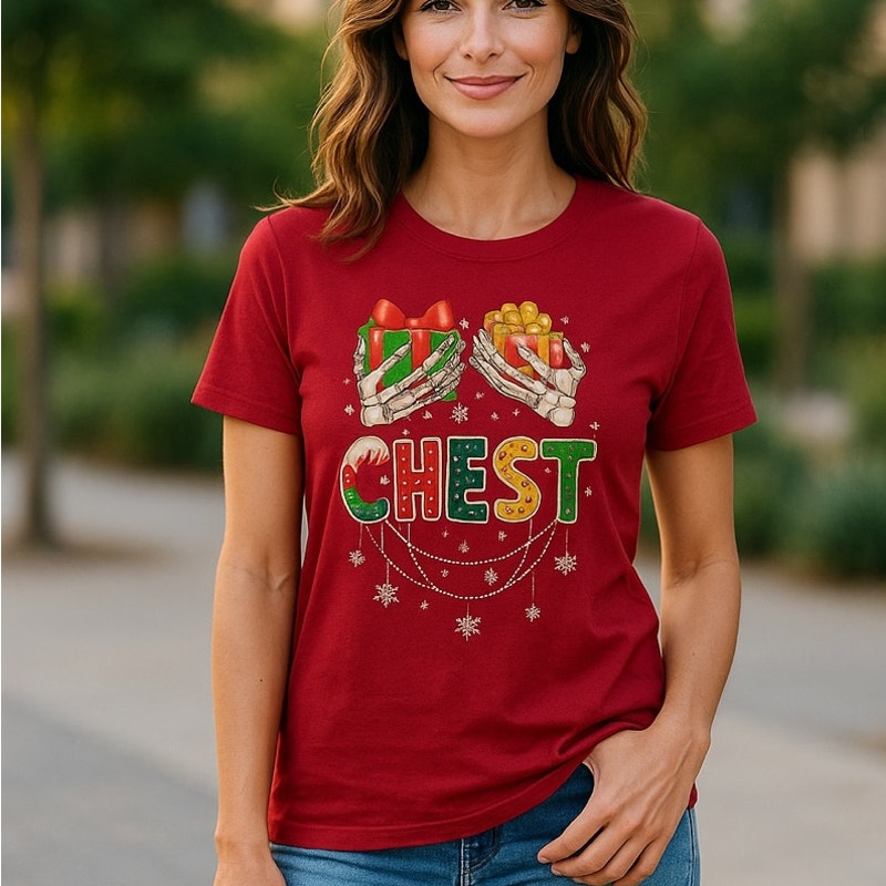 NWT ~ Red Christmas T-Shirt ~ Skeleton Hands Presents & Chest ~ Women's XL