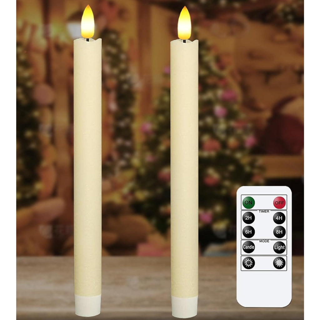 BRAND NEW ~ Set/2 Wax LED Flameless White Flickering 9.6" Taper Candles & Remote