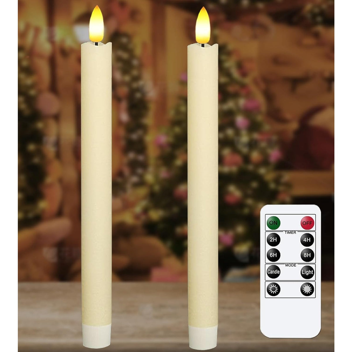BRAND NEW ~ Set/2 Wax LED Flameless White Flickering 9.6" Taper Candles & Remote