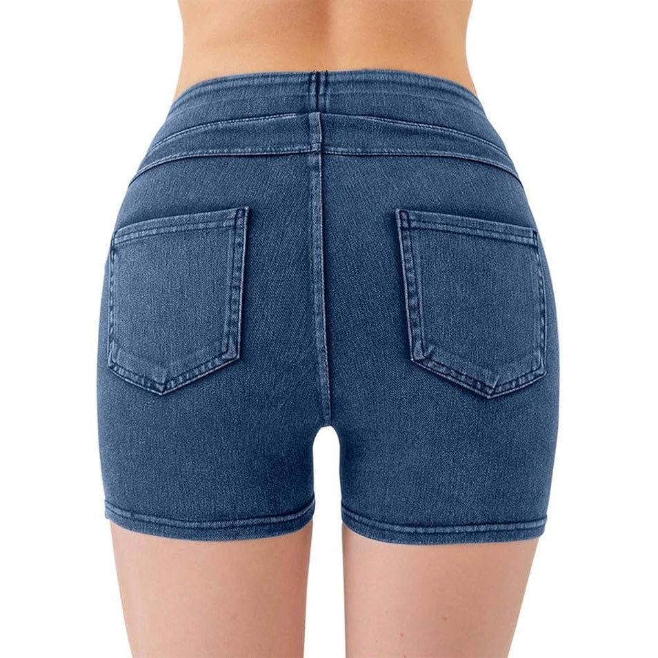 NWT ~ Women's Spandex Denim Blue Jean Look Activewear Shorts ~ Size LARGE