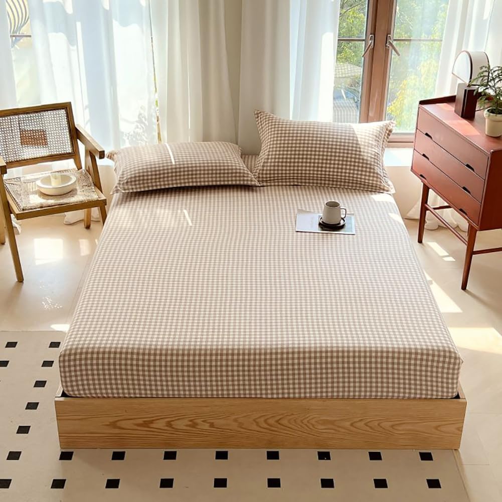 BRAND NEW ~ Tan Gingham Checked Fitted Bed Sheet ~ King Plus Size