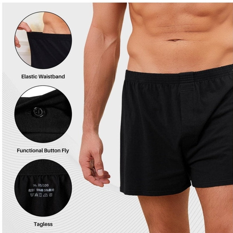 NWT ~ Men's 3pr Black Soft Cotton Knit Tagless Button Fly Boxers ~ MEDIUM
