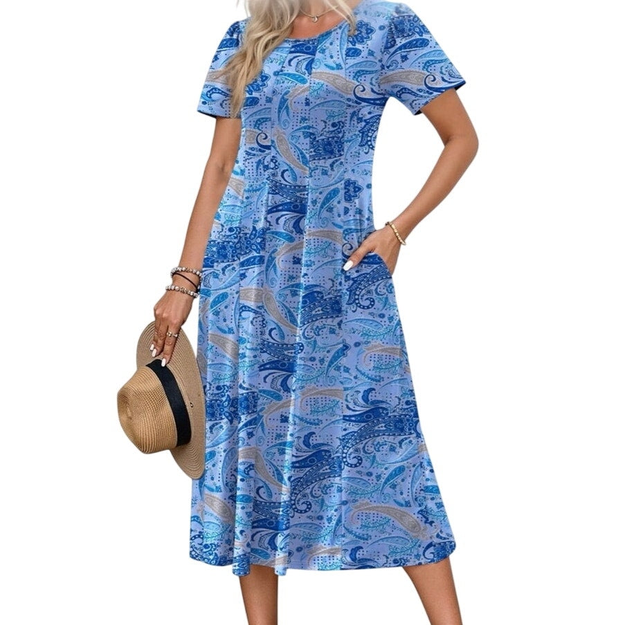 NWT ~ Blue Floral Short Sleeve Pleated Casual Flowy Summer Midi Dress Pockets XL