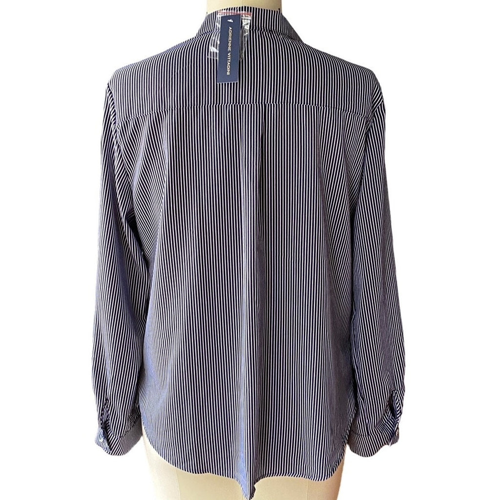 NWT ~ ADRIENNE VITTADINI Blue White Pinstripe Rolled Sleeve Blouse ~ LARGE