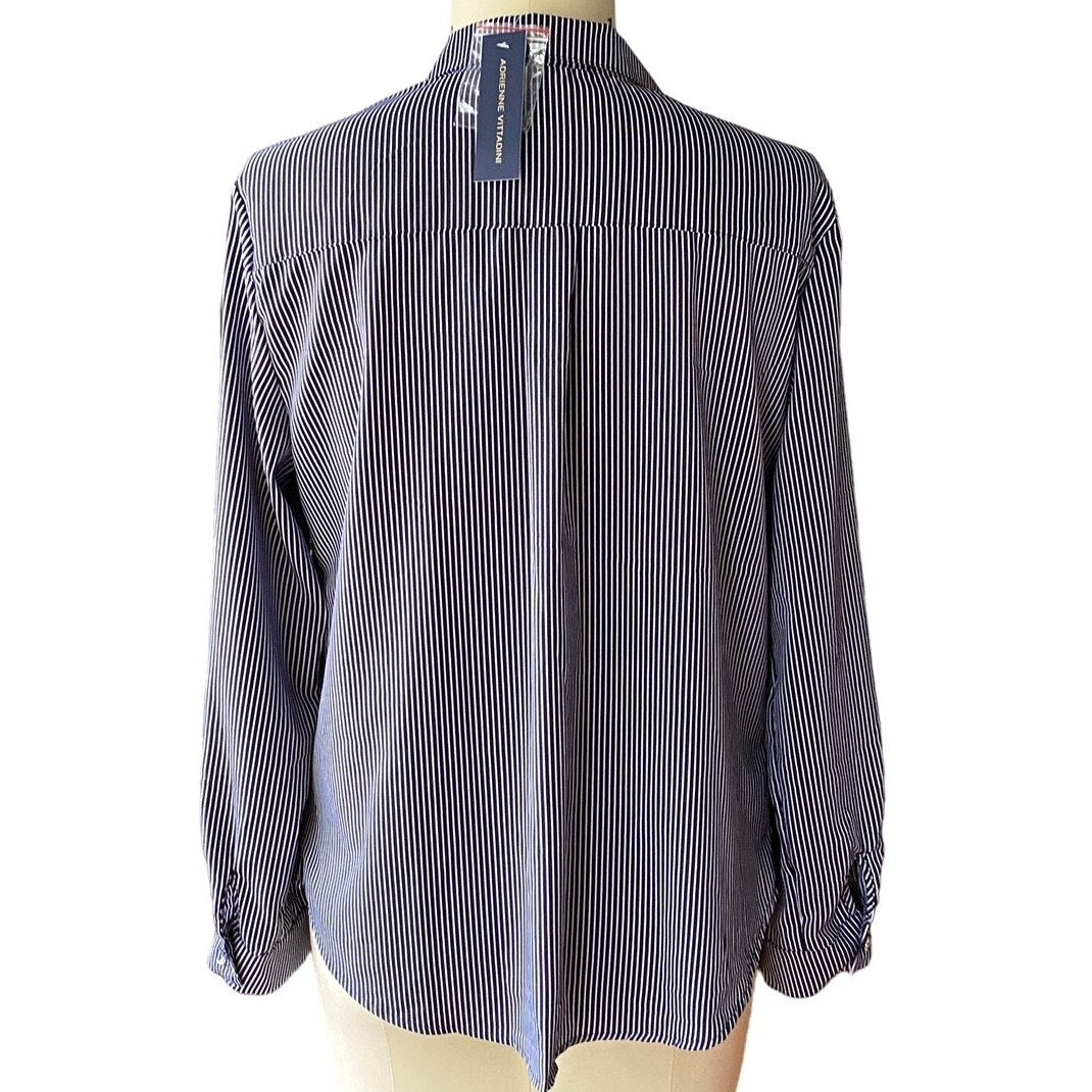 NWT ~ ADRIENNE VITTADINI Blue White Pinstripe Rolled Sleeve Blouse ~ LARGE