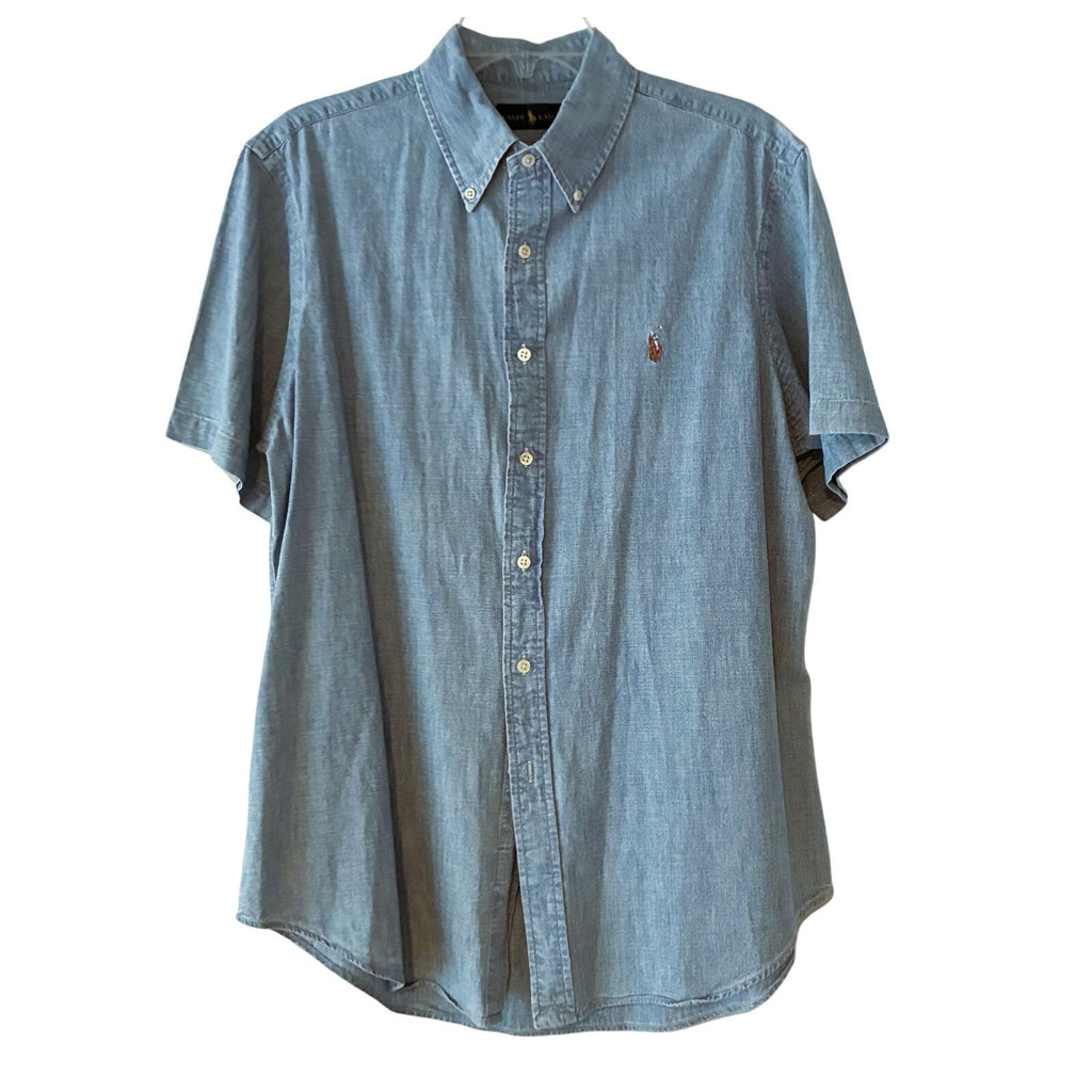 Men's RALPH LAUREN Blue Chambray Button Down Short Sleeve Shirt ~ Size LARGE