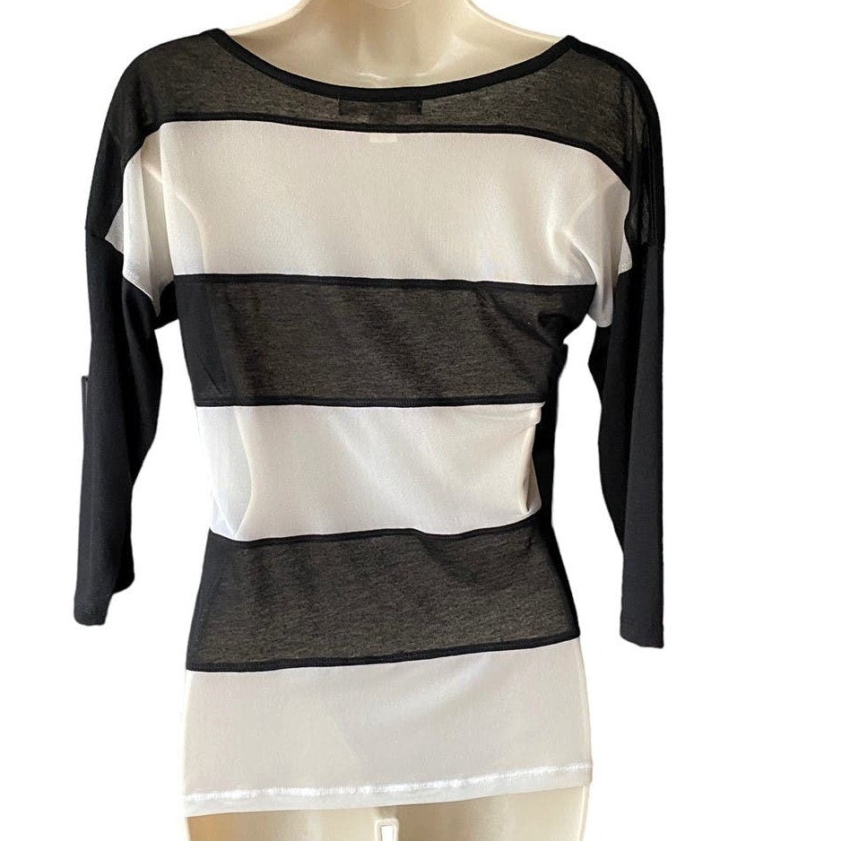 NWT ~ DEREK HEART Black & White Wide Mesh Stripe Top ~ Women's Size MEDIUM