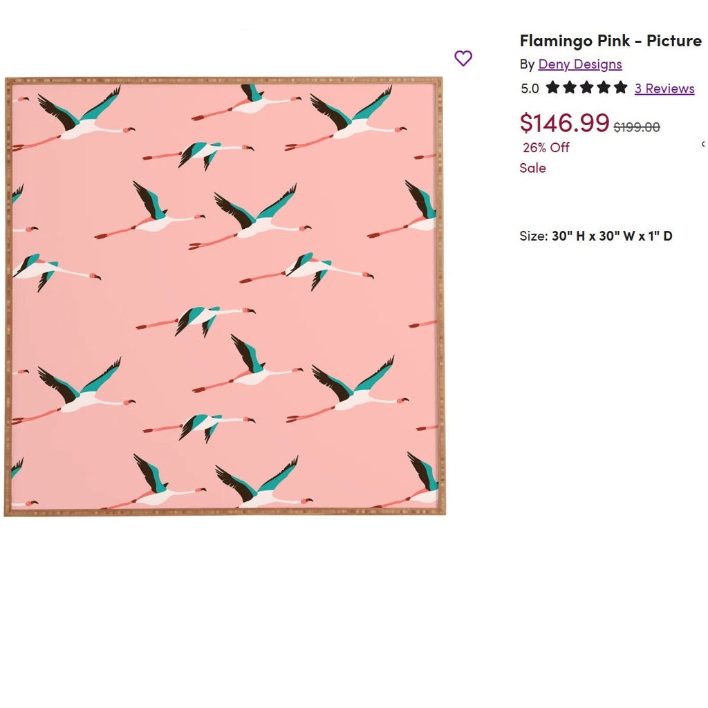 NWT ~ Flamingo Pink - Large Bamboo Framed Graphic Art Print on Wood 30" x 30"