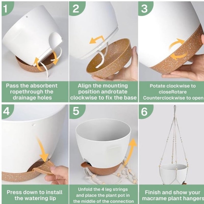 BRAND NEW ~ Set/3 White Hanging Planters & Cotton Rope Pot Hangers & Hooks
