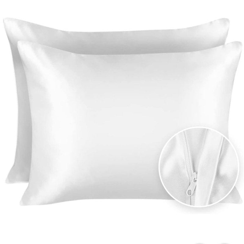 BRAND NEW ~ Set/2 QUEEN Size White Satin Pillowcases with Zipper ~ Soft & Cool