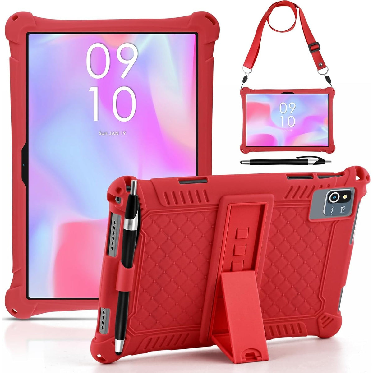 BRAND NEW ~ Red 10.1 inch Silicone Tablet Case & Stylus Pen & Shoulder Strap