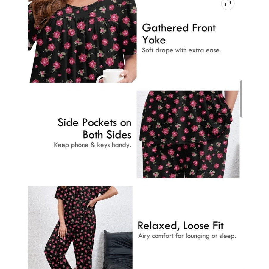 NWT ~ Women's 2pc Black Floral Pink Roses Pajamas Loungewear Set ~ Plus Size 4X