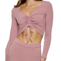 NWT ~ ROMWE Pink Ribbed Front Tie Cropped Long Sleeve Top ~ Women's Size LARGE