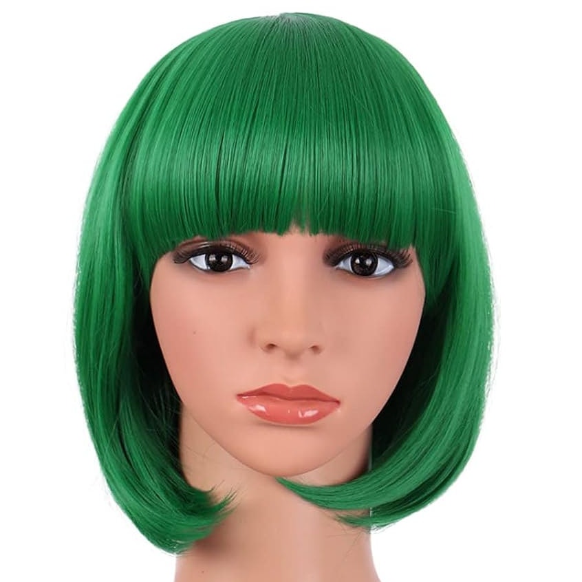 BRAND NEW ~ Bright GREEN 12" Short Straight Flat Bangs Bob Wig ~ Cosplay Costume
