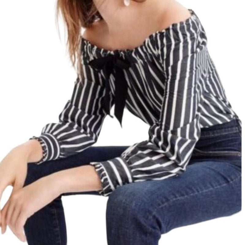 NWT ~ J.CREW Off The Shoulders Black & White Striped Blouse ~ Women's Size XXS