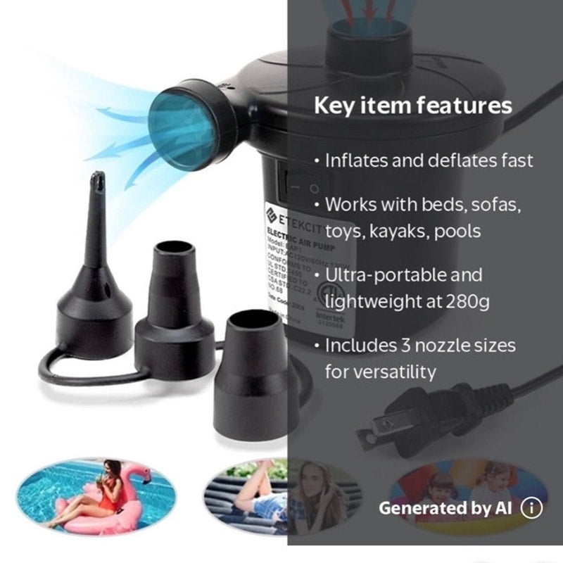 BRAND NEW ~ Quick Electric Black Portable Air Pump Inflator Deflator & 3 Nozzles