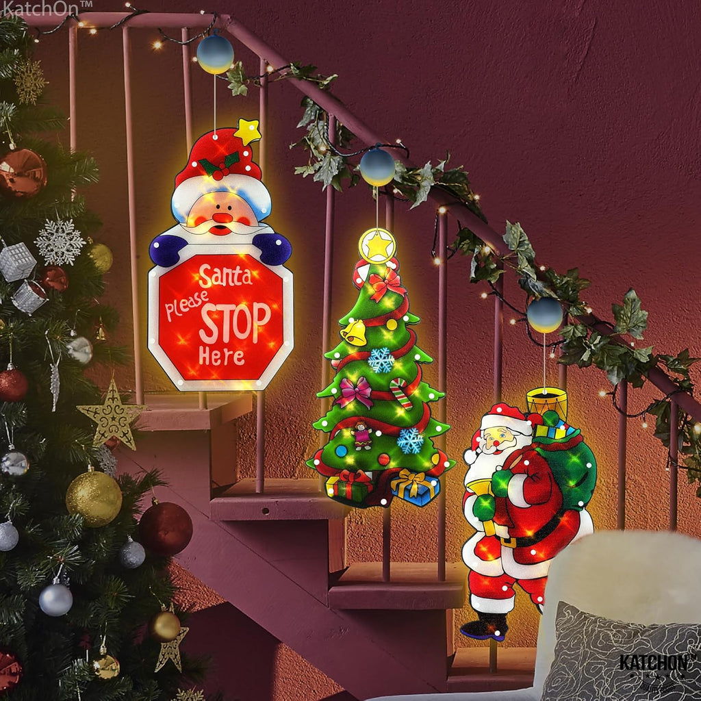 NWT ~ Set/ 3 Large 18" Santa Claus & Tree Shaped Festive Christmas Window Lights