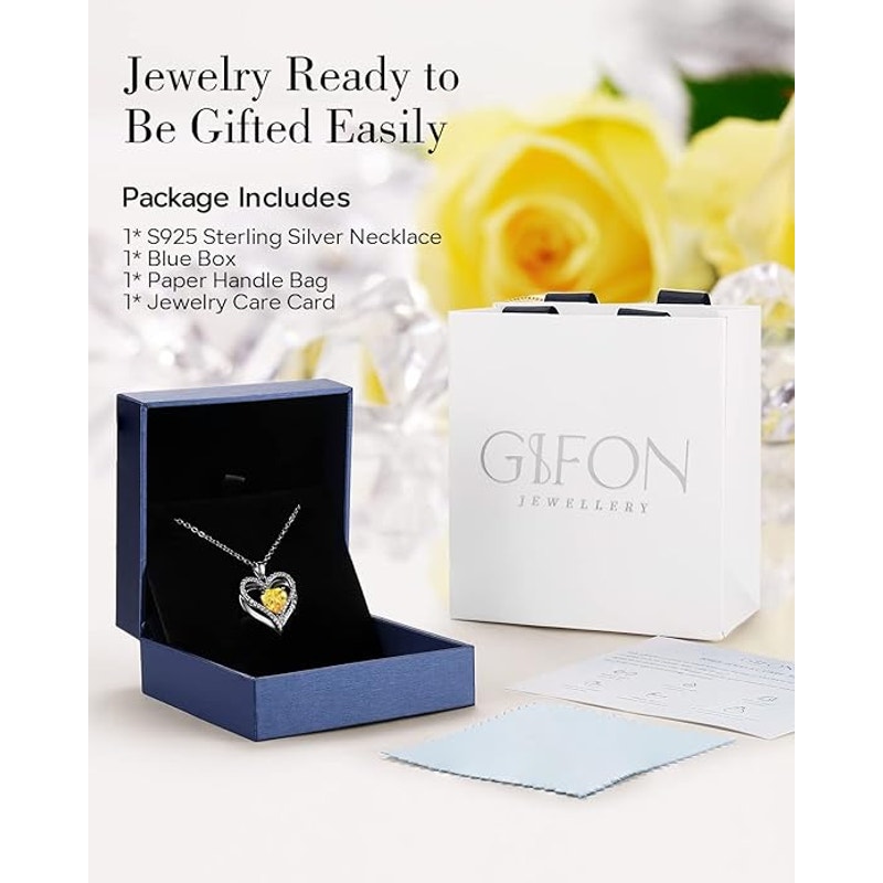 BRAND NEW ~ Sterling Silver Necklace Heart Love Citrine Cubic Zirconia Pendant