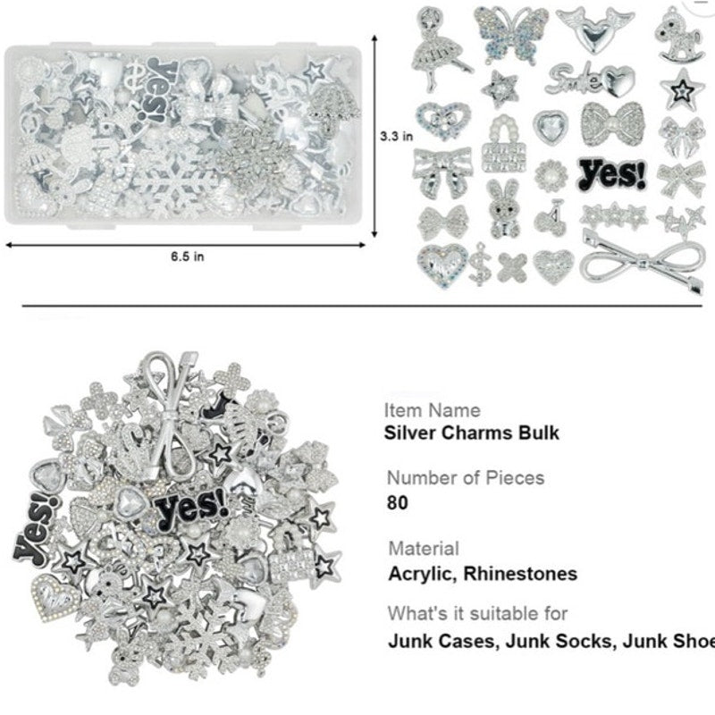 BRAND NEW ~ 80pcs Bulk Silver Rhinestone Big Bling Flat Back Charms Hearts Bows