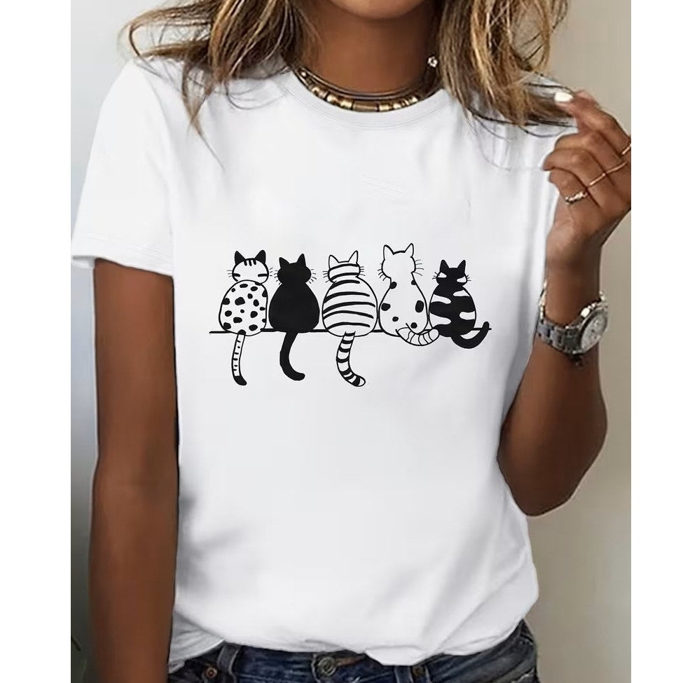 BRAND NEW ~ Women's White & Black Cotton Cats Summer T-Shirt Top ~ MEDIUM ~ NWT