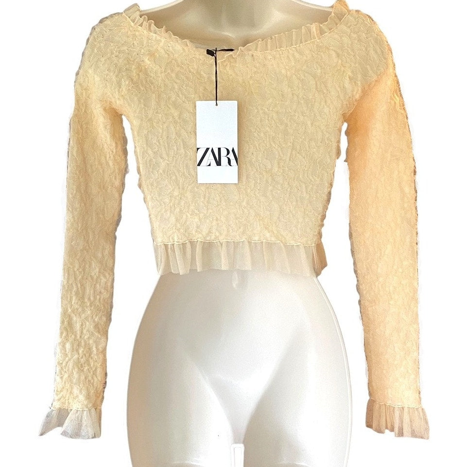NWT ~ ZARA Beige Lace Tulle Off Shoulders Tight Crop Knit Top ~ Women's SMALL
