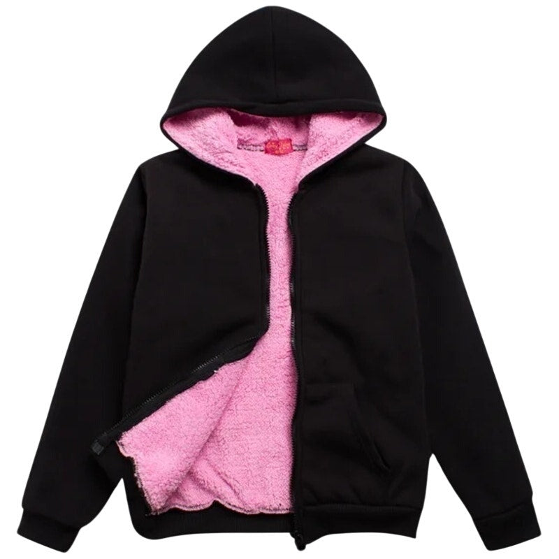 NWT Coney Island Girls Black Full Zip Hoodie Pink Sherpa Lining Sweatshirt ~ 5/6