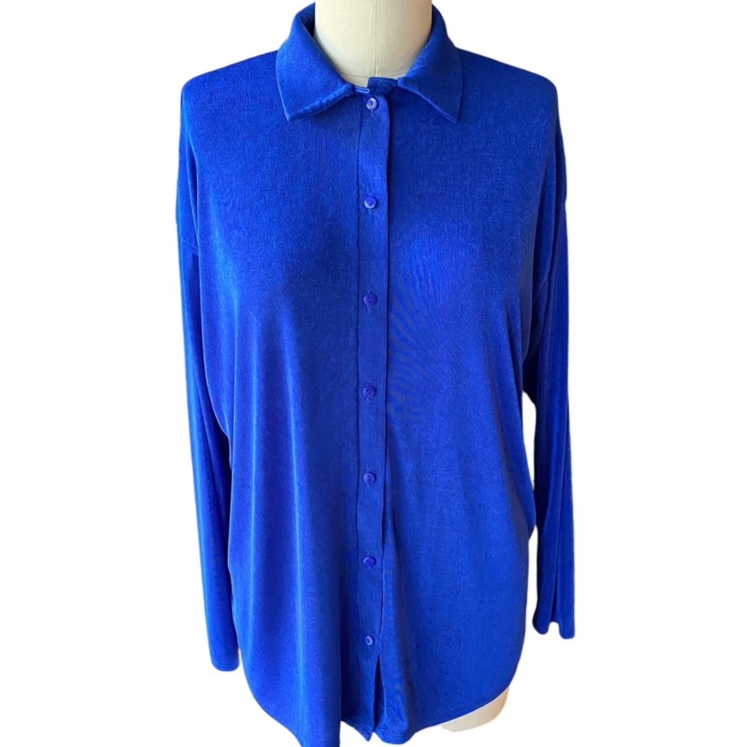 NWT ~ FASHION NOVA Royal Blue Don't Stop Slinky Button Front Top ~ Women's MED.