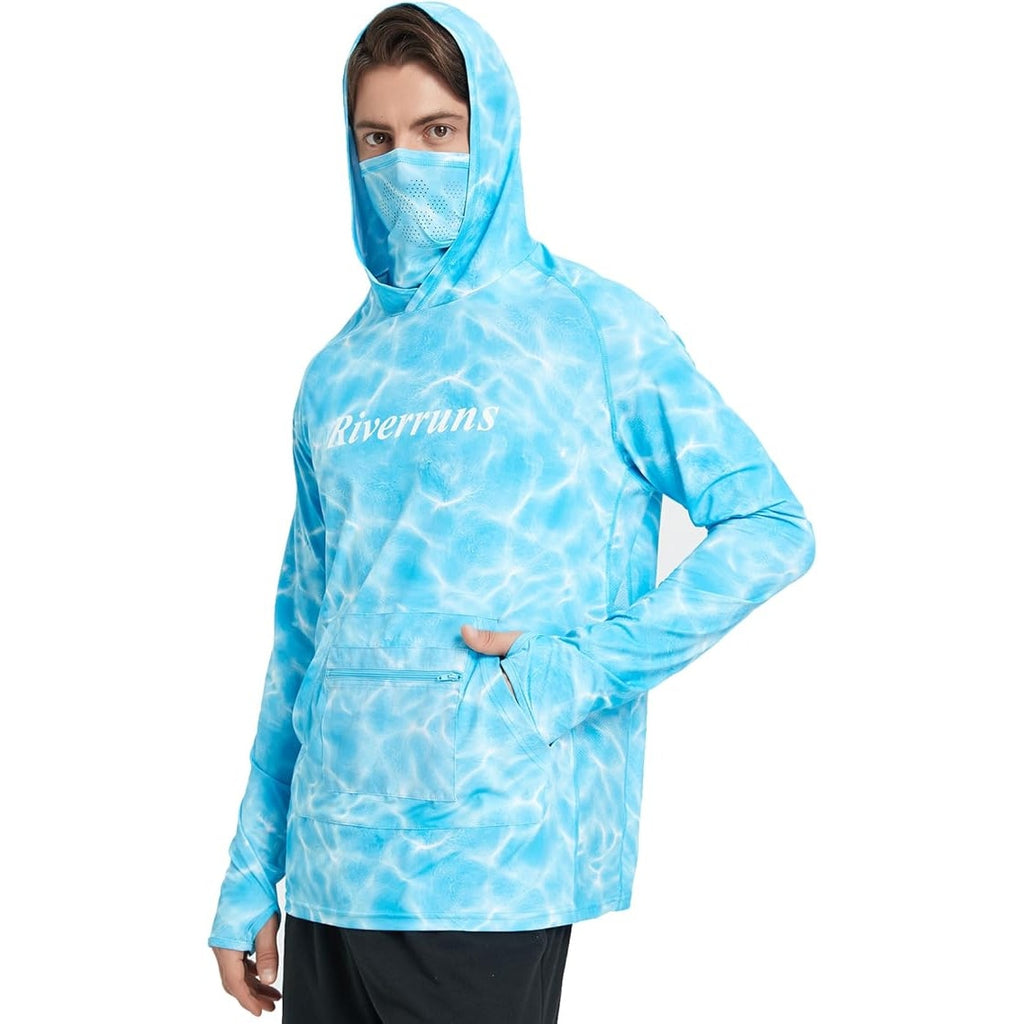 NWT ~ Mens Light Blue Riverruns UPF50+ Hunting Lightweight Hoodie with Mask ~ XL