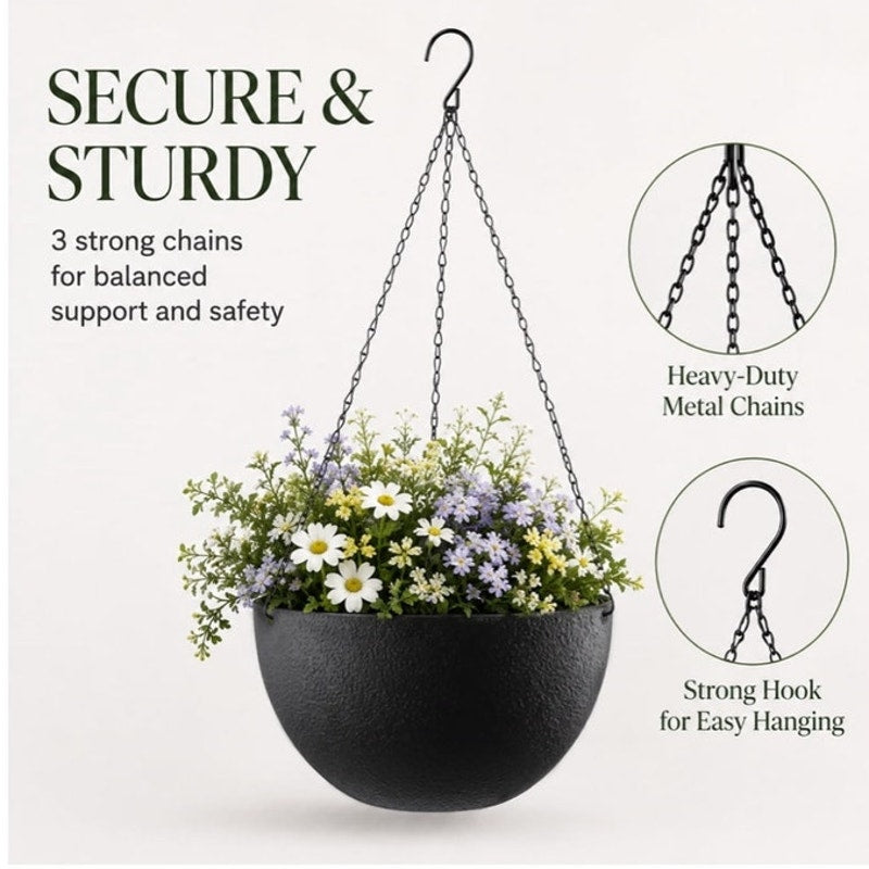 BRAND NEW ~ Set/2 Hanging Black Textured Planters Baskets Pots Chains & S-Hooks