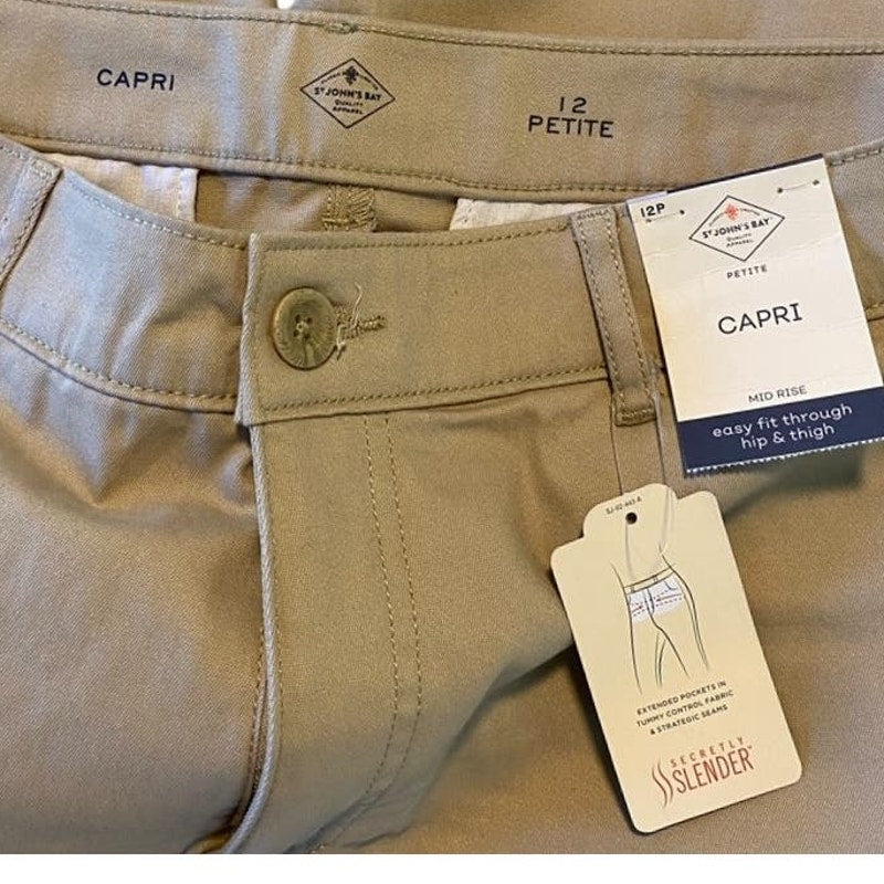 NWT ~ ST JOHNS BAY Secretly Slender Biscotti Tan Mid Rise Capri Pants ~ Size 12P