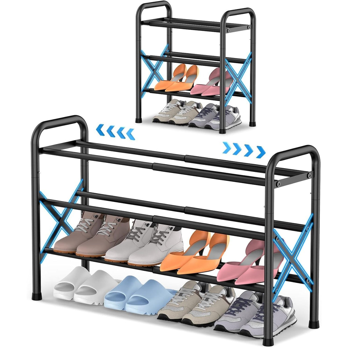 BRAND NEW ~ Black 3 Tier Metal Expandable Shoe Rack Adjustable Shelf Organizer