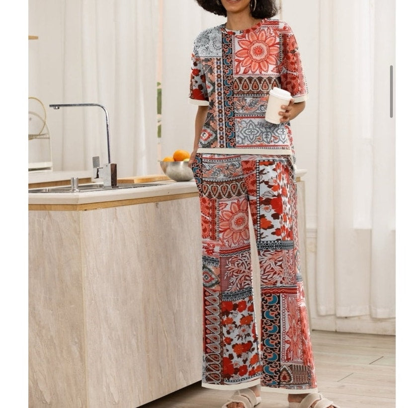 NWT ~ Women's Boho 2pc Square Geo Flower Top & Pants Casual Lounge Outfit ~ XL