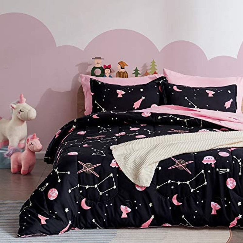 BRAND NEW ~ 3pc Kids Pink & Black Galaxy Bedding Comforter Set ~ FULL/QUEEN