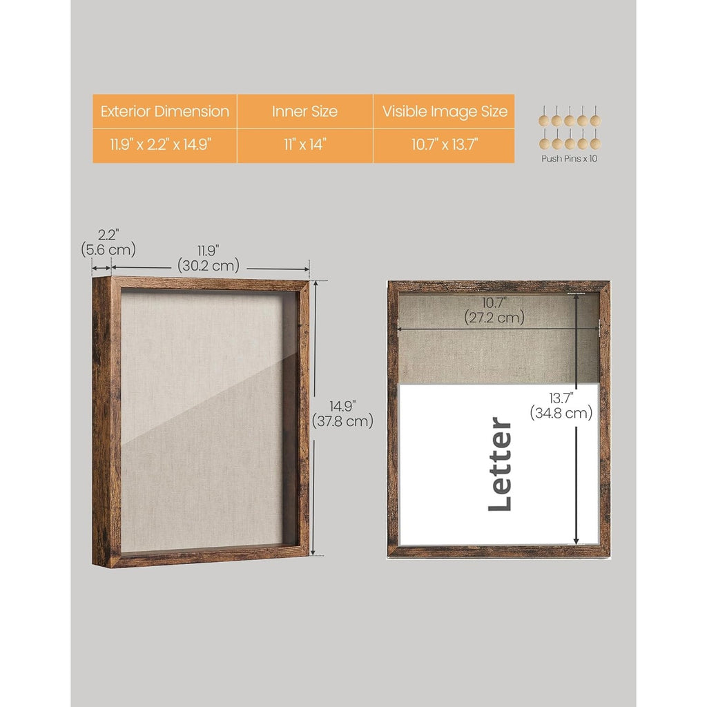 BRAND NEW ~ Rustic Brown 11x14 Shadow Box Frame & Push Pins Linen Fabric Backing
