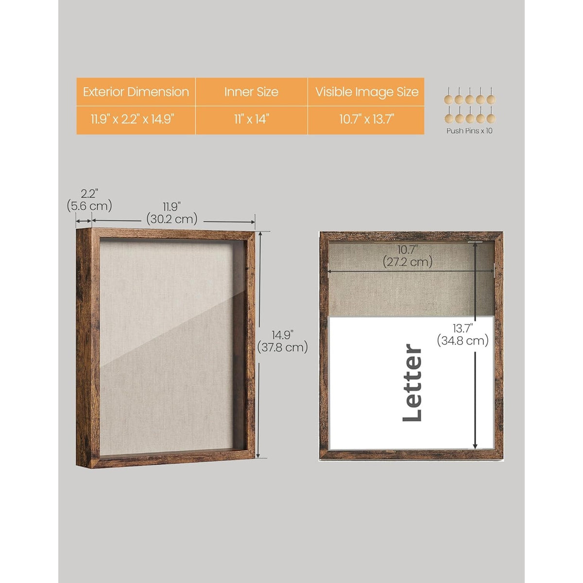 BRAND NEW ~ Rustic Brown 11x14 Shadow Box Frame & Push Pins Linen Fabric Backing