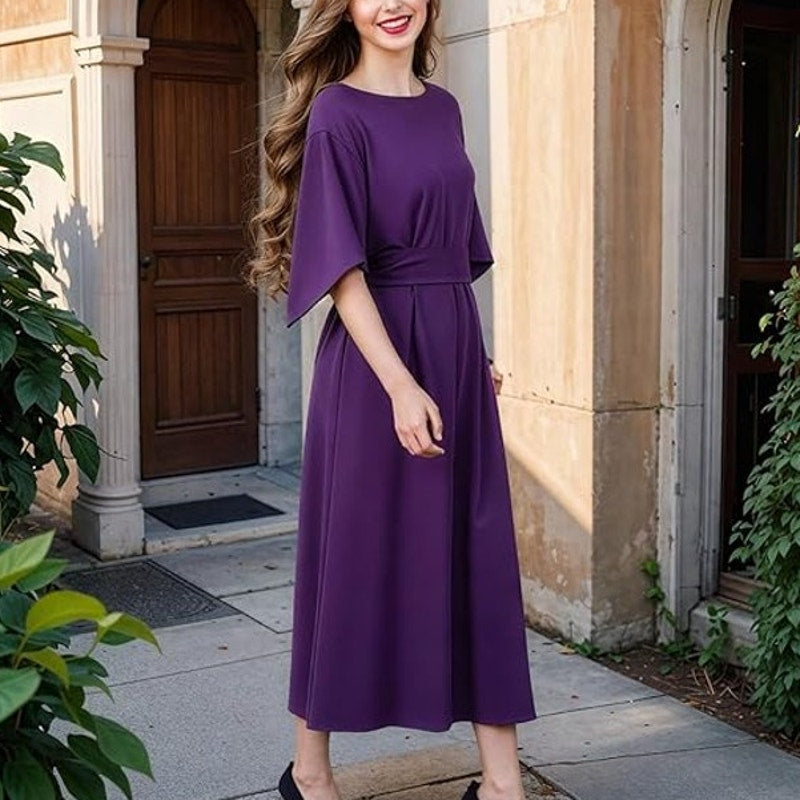 NWT ~ Elegant Purple Midi Dress Wide Bell Sleeves & Belted Waist ~ Women's XL