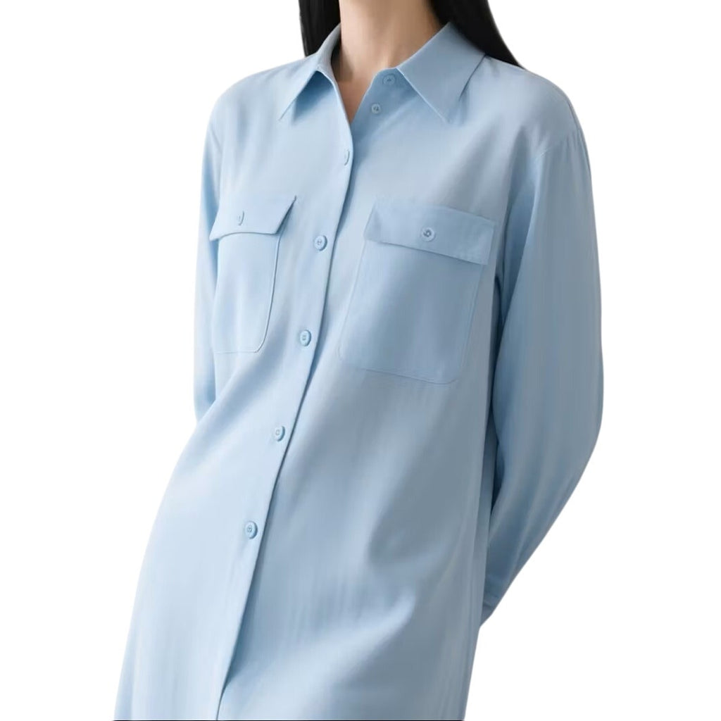 NWT ~ Long Light Blue Front Pockets Side Slits Long Sleeve Blouse Women's LARGE