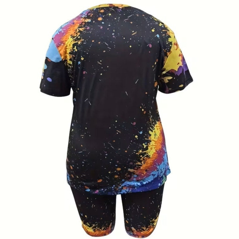 BRAND NEW ~ Women's 2pc Paint Splotch Black Top & Matching Pockets Shorts ~LARGE