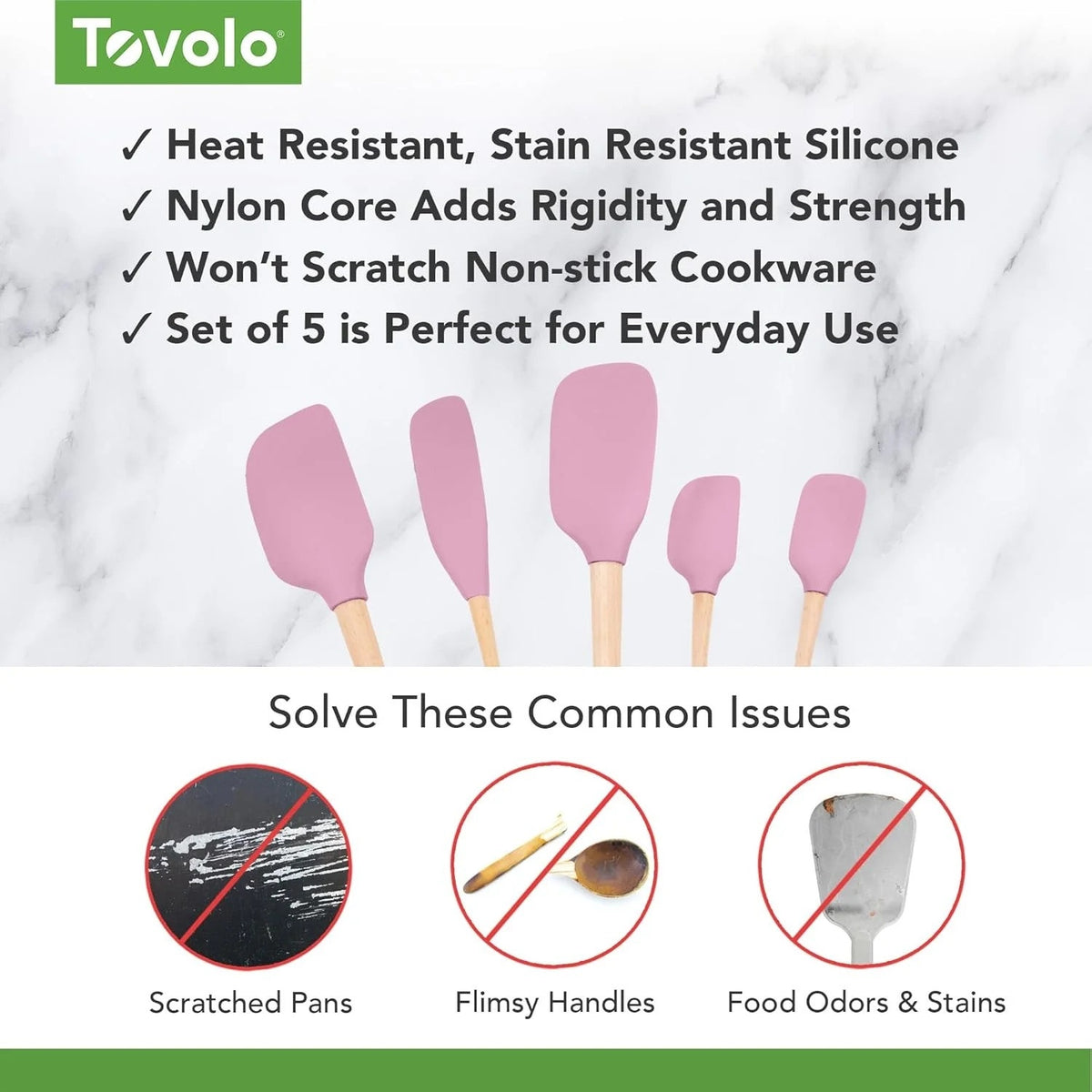 BRAND NEW ~ Set/5 Pink Sorbet Silicone Flex-Core Spatulas & Wooden Handles