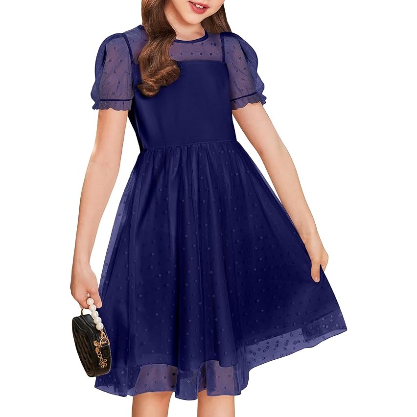 NWT ~ Girls Blue Contrast Mesh Puffy Short Sleeve A Line Dress ~ Size 10/12