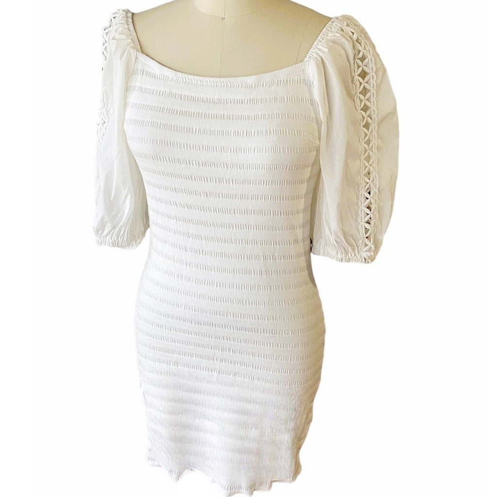 NWT ~ BETSEY JOHNSON Optic White Smocked Sleeve Bodycon Dress ~ Women's MEDIUM