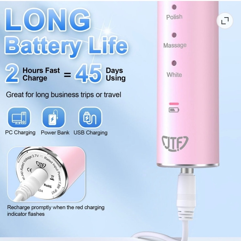 BRAND NEW ~ Pink Sonic Electric Toothbrush 8 Brush Heads Tongue Scraper & Bag